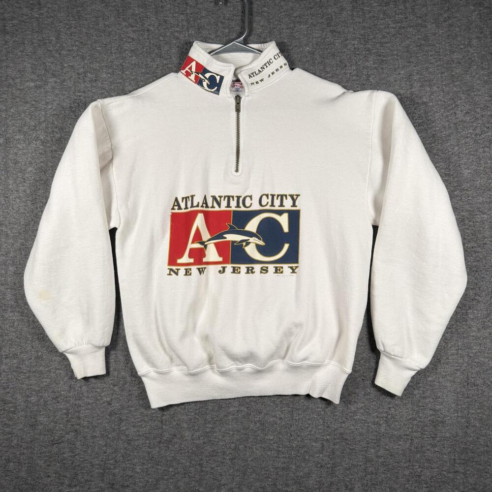 Vintage Atlantic City Sweatshirt Mens Medium 1/4 Zip Fleece Mock Neck Dolphin